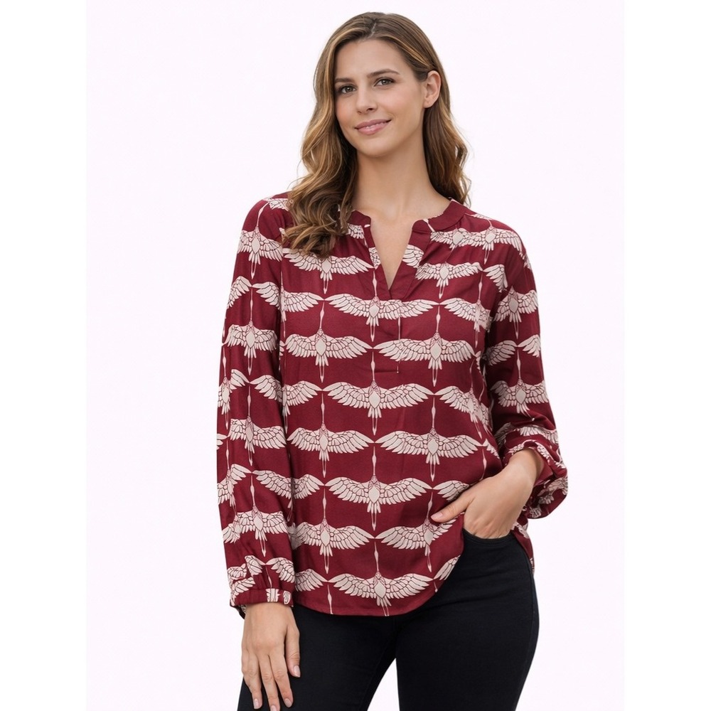 EXPRESS‎ Burgundy Crane Print Blouse – Size Small